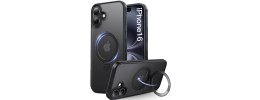 For iPhone 16 6.1 inch Magnetic Ring Circle Camera Cap KickStand Hybrid UV Paint Matte Finish Case - Black