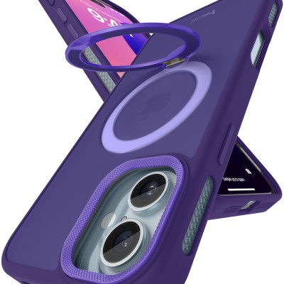 For iPhone 16 6.1 inch Magnetic Ring Circle Camera Cap KickStand Hybrid UV Paint Matte Finish Case - Purple