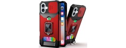 For iPhone 16 6.1 inch Magnetic Ring Circle Camera Cap KickStand Hybrid UV Paint Matte Finish Case - Red