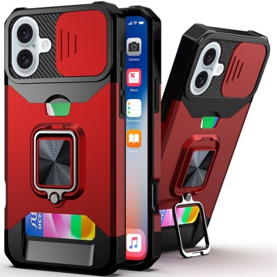For iPhone 16 6.1 inch Magnetic Ring Circle Camera Cap KickStand Hybrid UV Paint Matte Finish Case - Red