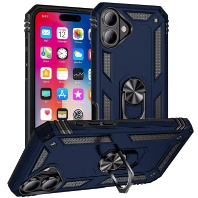 For iPhone 16 6.1 inch Magnetic Ring Stand Classic Design FULL Camera Protection Hybrid Case - Dark Purple