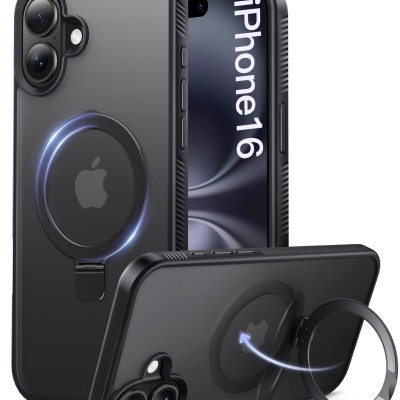 For iPhone 16 6.1 inch Multi-Functional Card Magnetic Ring Stand Hybrid Camera Case Cover - Black