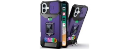 For iPhone 16 6.1 inch Multi-Functional Card Magnetic Ring Stand Hybrid Camera Case Cover - Dark Purple