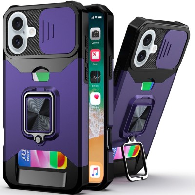 For iPhone 16 6.1 inch Multi-Functional Card Magnetic Ring Stand Hybrid Camera Case Cover - Dark Purple