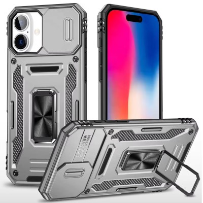 For iPhone 16 6.1 inch Push Mount Friendly Camera Protective [Ring Stand] Hybrid Case - Gray