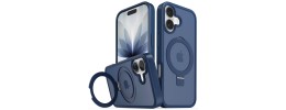 For iPhone 16 6.1 inch Ring Magnetic Kickstand Hybrid Case Cover - Blue
