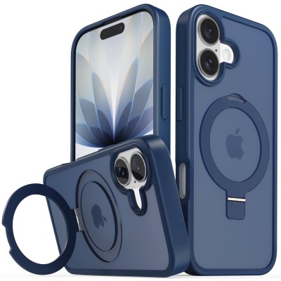 For iPhone 16 6.1 inch Ring Magnetic Kickstand Hybrid Case Cover - Blue