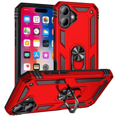 For iPhone 16 6.1 inch Ring Magnetic Kickstand Hybrid Case Cover - Red