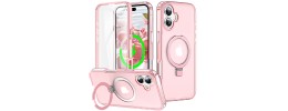 For iPhone 16 6.1 inch Shield Magnetic Ring Transparent HQ 360 Degree Rotational Shockproof Case Cover - Pink