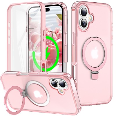 For iPhone 16 6.1 inch Shield Magnetic Ring Transparent HQ 360 Degree Rotational Shockproof Case Cover - Pink