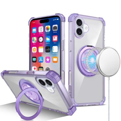 For iPhone 16 6.1 inch Shield Magnetic Ring Transparent HQ 360 Degree Rotational Shockproof Case Cover - Purple