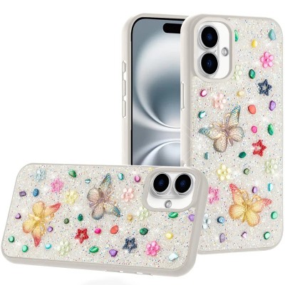 For iPhone 16 6.1 inch Shimmer Glitter Floral Design Thick TPU Case Cover - Silver