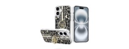 For iPhone 16 6.1 inch Splendid Floral Designs with Metal Camera and Buttons with Butterfly Ring Stand Hybrid Case - Gold