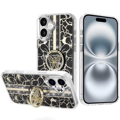 For iPhone 16 6.1 inch Splendid Floral Designs with Metal Camera and Buttons with Butterfly Ring Stand Hybrid Case - Gold