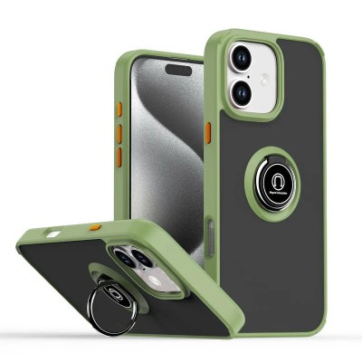 For iPhone 16 6.1 inch Splendid Floral Designs with Metal Camera and Buttons with Butterfly Ring Stand Hybrid Case - Light Green