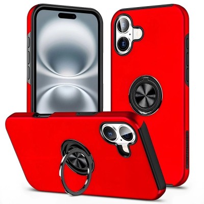 For iPhone 16 6.1 inch Splendid Floral Designs with Metal Camera and Buttons with Butterfly Ring Stand Hybrid Case - Red
