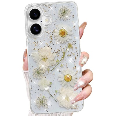 For iPhone 16 6.1 inch Splendid Floral Designs with Metal Camera and Buttons with Butterfly Ring Stand Hybrid Case - White