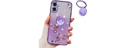 For iPhone 16 6.1 inch Splendid Glitter with Diamonds All Around Edges Ring Stand Case Cover - Purple
