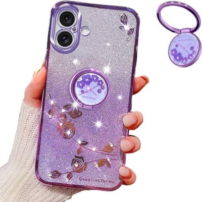 For iPhone 16 6.1 inch Splendid Glitter with Diamonds All Around Edges Ring Stand Case Cover - Purple