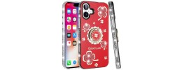 For iPhone 16 6.1 inch Splendid Glitter with Diamonds All Around Edges Ring Stand Case Cover - Red