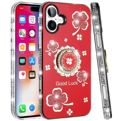 For iPhone 16 6.1 inch Splendid Glitter with Diamonds All Around Edges Ring Stand Case Cover - Red