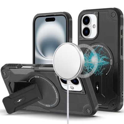 For iPhone 16 6.1 inch Sturdy Bracket Kickstand Magnetic Hybrid - Black