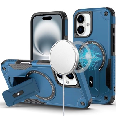 For iPhone 16 6.1 inch Sturdy Bracket Kickstand Magnetic Hybrid - Blue