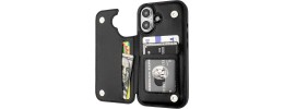 For iPhone 16 6.1 inch Wallet ID Card Holder Case Cover - Black