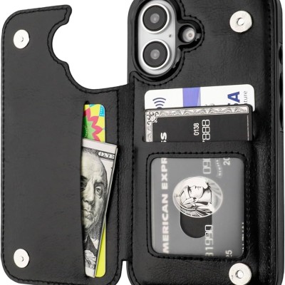 For iPhone 16 6.1 inch Wallet ID Card Holder Case Cover - Black