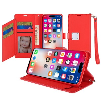 For iPhone 16 6.1 inch Wallet ID Card Holder Case Cover - Red