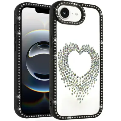 For iPhone 16E (E edition) / SE4 (2025) Metal Diamond CD Pattern  Design Matte Finished Hybrid with Rotational Ring [Car Mount  Friendly] Case - Hearts