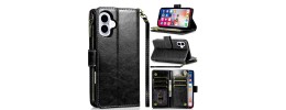For iPhone 16 Plus 6.7 inch METKASE Luxury Wallet Card ID Zipper Money Holder Case Cover in Slide-Out Package - Black