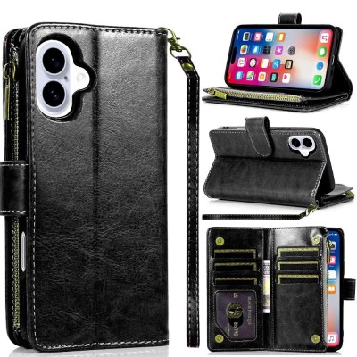 For iPhone 16 Plus 6.7 inch METKASE Luxury Wallet Card ID Zipper Money Holder Case Cover in Slide-Out Package - Black