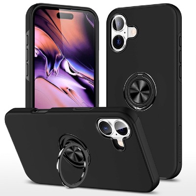 For iPhone 16 Plus 6.7 inch CHIEF Oil Painted Magnetic Ring Stand Hybrid Case Cover - Black