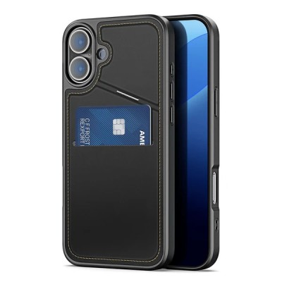For iPhone 16 Plus 6.7 inch Card Holder with Mirror Inside PU Leather Hybrid Case - Black