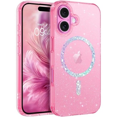 For iPhone 16 Plus 6.7 inch Epoxy Glitter Shimmer [Magnetic Circle] Hybrid Case - Hot Pink