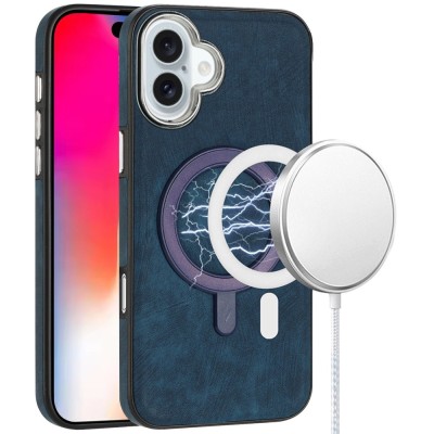 For iPhone 16 Plus 6.7 inch Fashion PU Vegan Chrome Edged Case Cover - Dark Blue