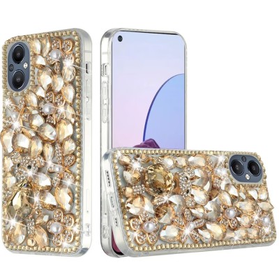 For iPhone 16 Plus 6.7 inch Floral Full Diamond Bling Case Cover - Gold