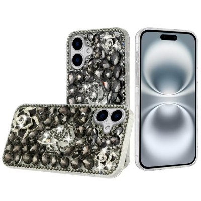 For iPhone 16 Plus 6.7 inch Floral Full Diamond Bling Case Cover - Smoke