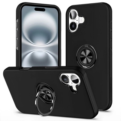 For iPhone 16 Plus 6.7 inch Glitz HQ Shimmer Glitter [Magnetic Ring Circle] with 360 degree Rotational Ring Kickstand Tough Hybrid Case - Black
