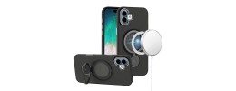 For iPhone 16 Plus 6.7 inch Hoop Kickstand [Magnetic Circle] HD Transparent Chrome Hybrid - Black