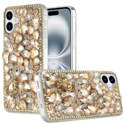For iPhone 16 Plus 6.7 inch Jewel Full Diamond Bling Case Cover - Gold