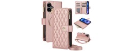 For iPhone 16 Plus 6.7 inch Jewel Wallet Design with Stitched PU Leather ID Card Money Holder Zipper Case - Pink