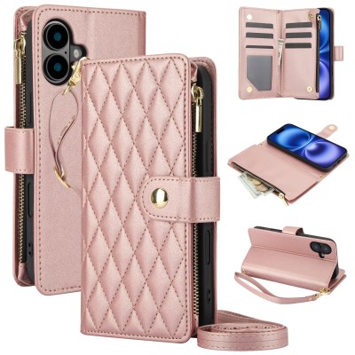 For iPhone 16 Plus 6.7 inch Jewel Wallet Design with Stitched PU Leather ID Card Money Holder Zipper Case - Pink