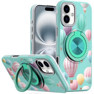 For iPhone 16 Plus 6.7 inch Metal Diamond CD Pattern Design Matte Finished Hybrid with Rotational Ring [Car Mount Friendly] Case - Floral A