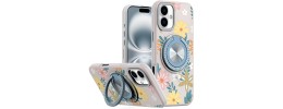 For iPhone 16 Plus 6.7 inch Metal Diamond CD Pattern Design Matte Finished Hybrid with Rotational Ring [Car Mount Friendly] Case - Floral B