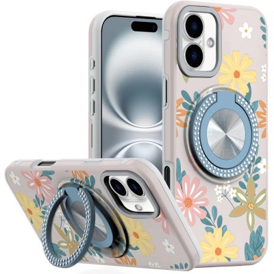 For iPhone 16 Plus 6.7 inch Metal Diamond CD Pattern Design Matte Finished Hybrid with Rotational Ring [Car Mount Friendly] Case - Floral B