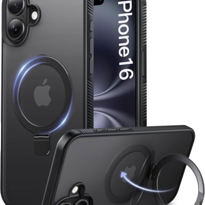 For iPhone 16 Plus 6.7 inch OPTIMUM Magnetic Ring Stand Hybrid Case Cover - Black