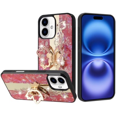 For iPhone 16 Plus 6.7 inch SPLENDID Diamond Glitter Ornaments Engraving Case Cover - Enchanted Butterfly Red