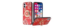 For iPhone 16 Plus 6.7 inch SPLENDID Diamond Glitter Ornaments Engraving Case Cover - Good Luck Floral Red